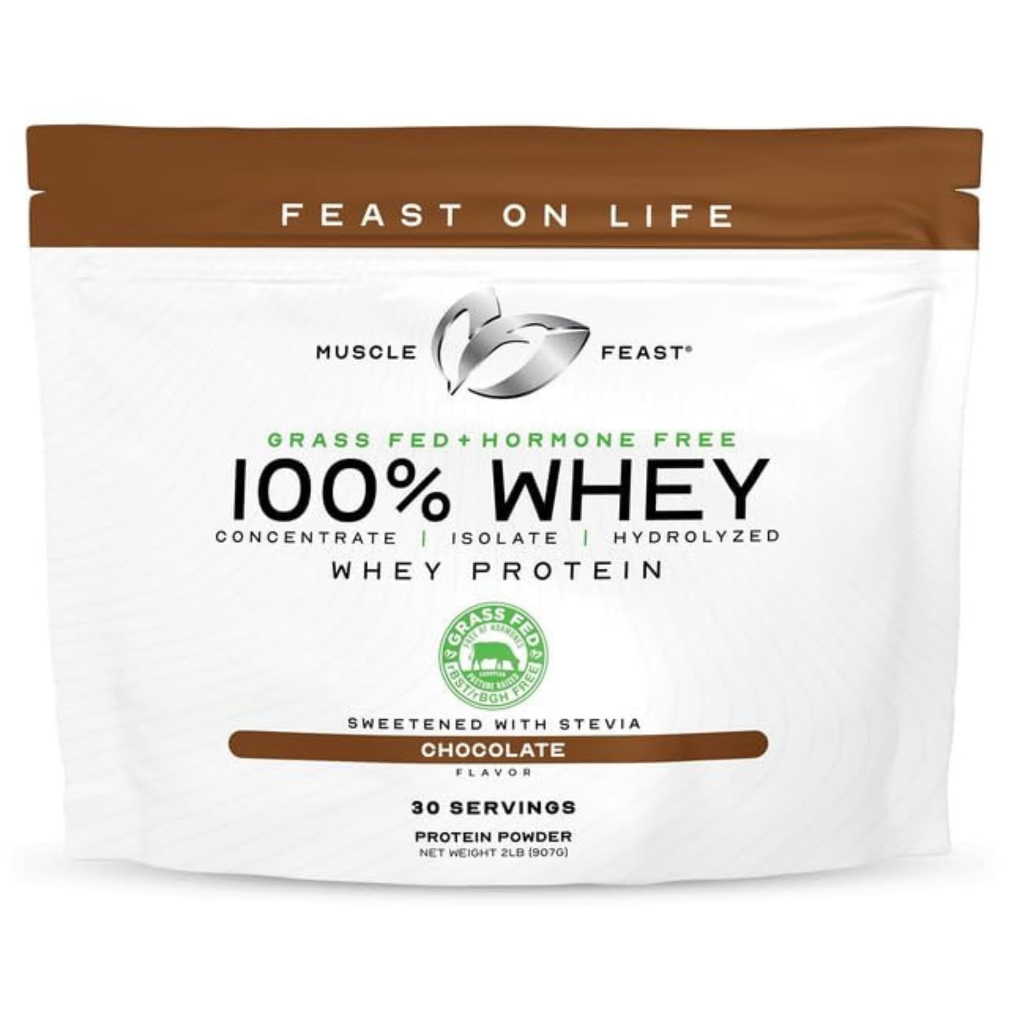 Muscle Feast grass-fed whey chocolate packaging highlights premium quality for post-workout recovery
