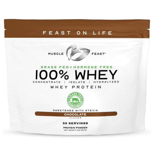 Muscle Feast grass-fed whey chocolate packaging highlights premium quality for post-workout recovery