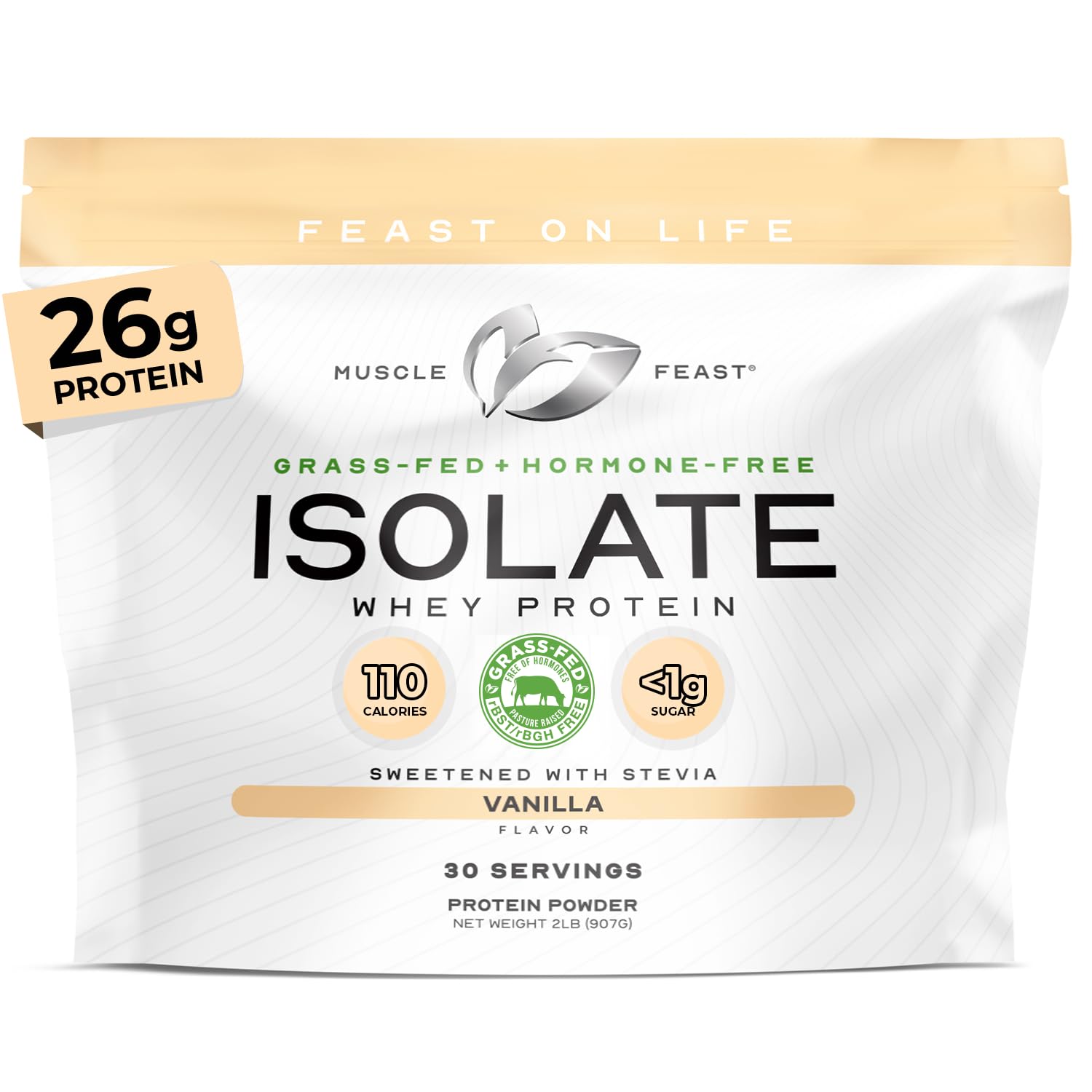 Muscle Feast grass-fed whey isolate bottle showing clean, hormone-free protein for daily use