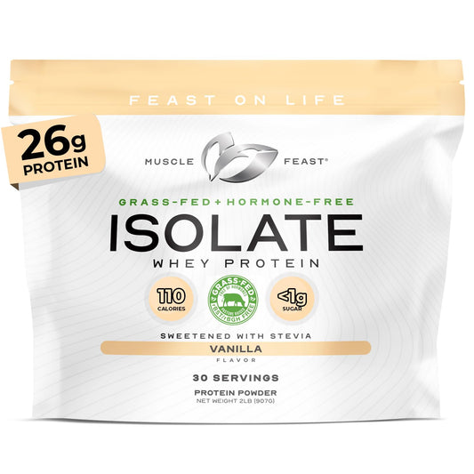 Muscle Feast grass-fed whey isolate bottle showing clean, hormone-free protein for daily use