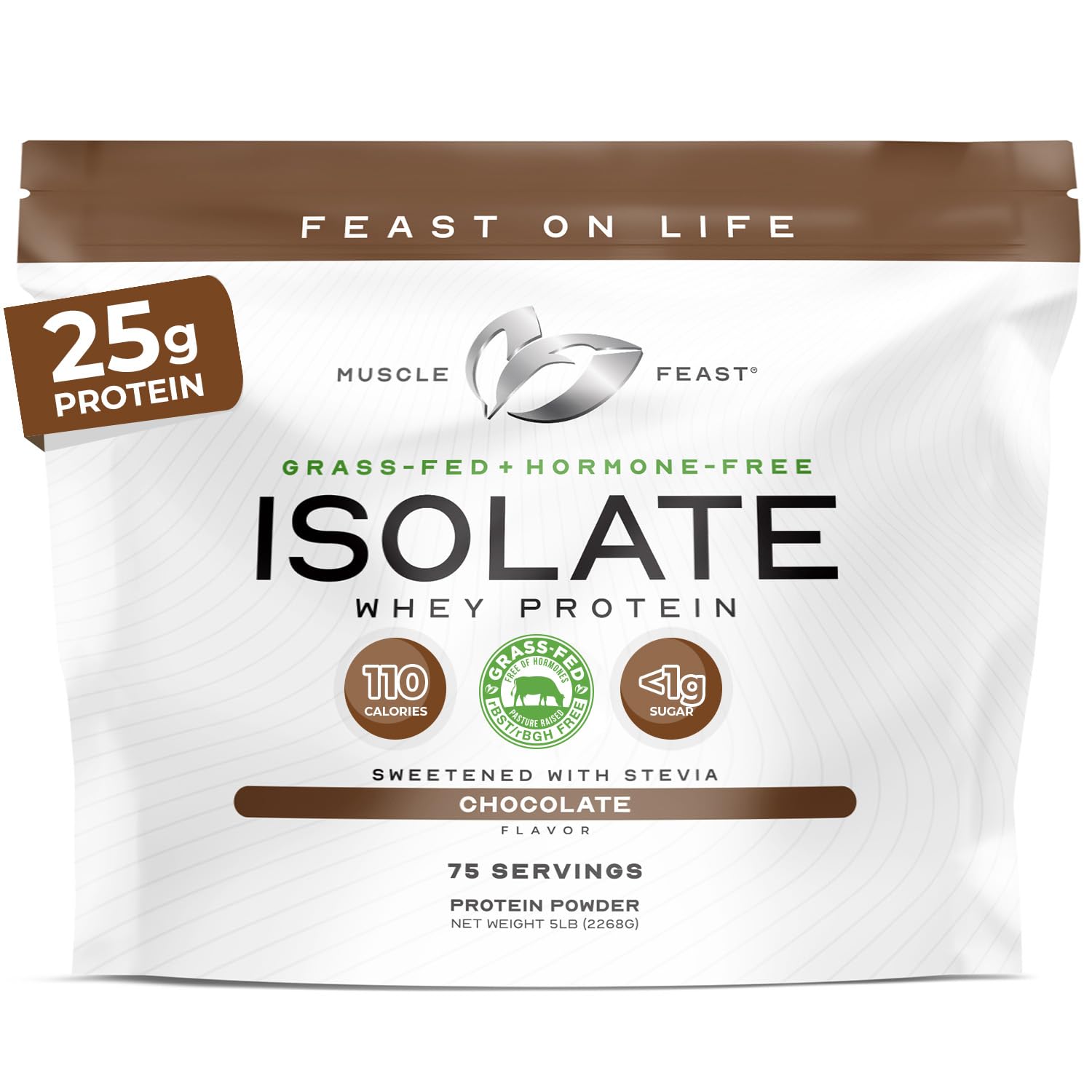 Muscle Feast Grass-Fed Whey Isolate packaging front view highlights clean ingredients.