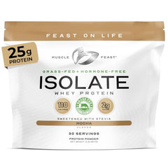 Muscle Feast grass-fed whey isolate pour shows smooth texture and protein boost