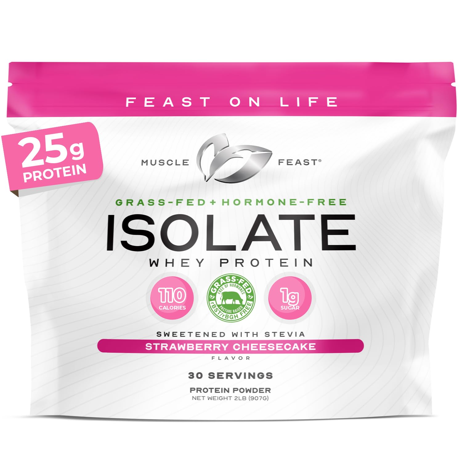 Muscle Feast Grass-Fed Whey Isolate packaging showing Strawberry Cheesecake flavor and quality protein.