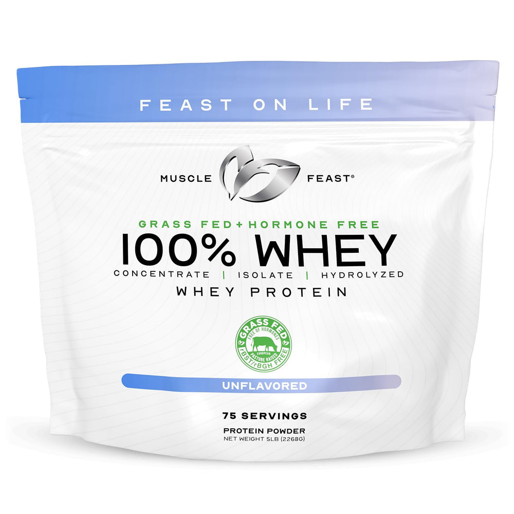 Muscle Feast Grass-Fed Whey packaging highlights premium, hormone-free protein