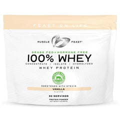Muscle Feast grass-fed whey protein bottle labeled vanilla for shakes