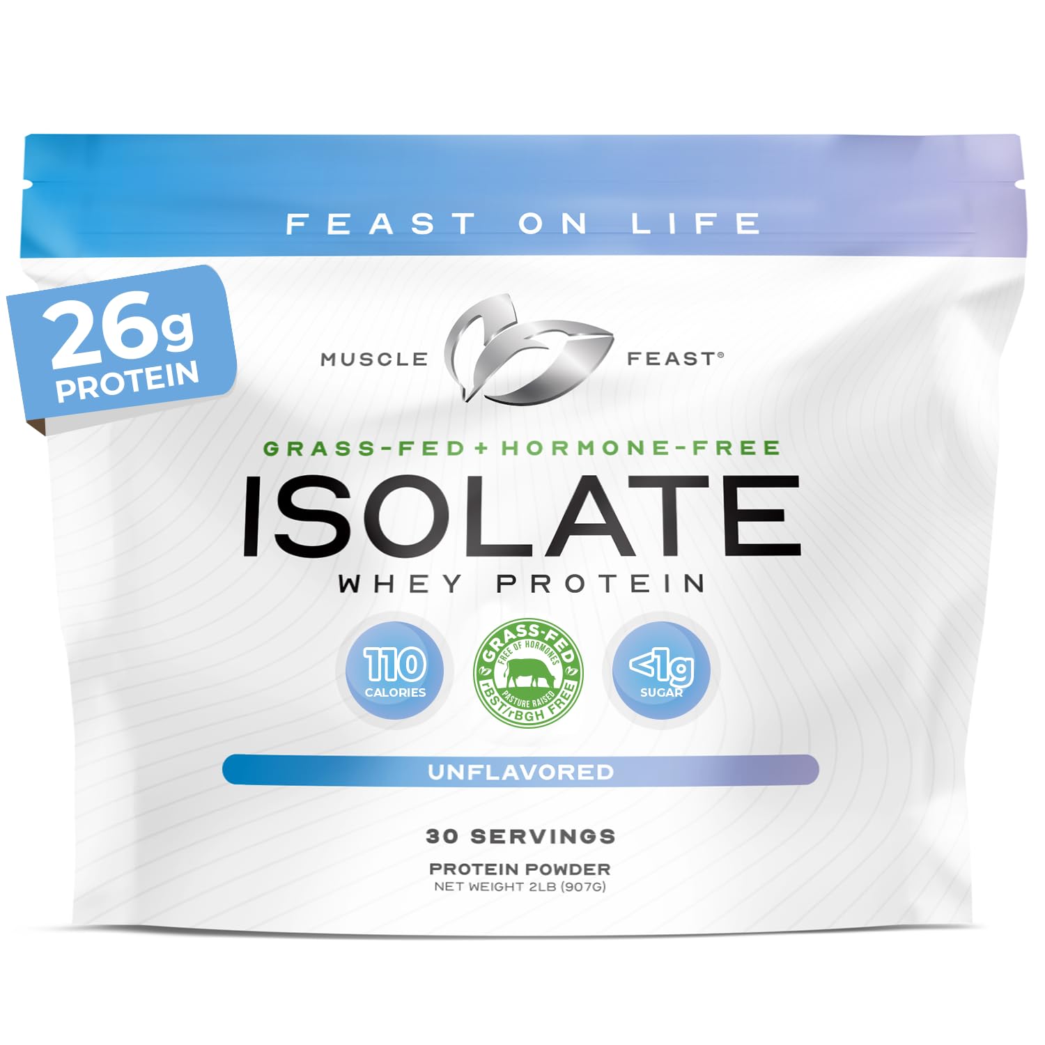 Muscle Feast grass-fed whey isolate bottle shows pure protein for post-workout recovery.