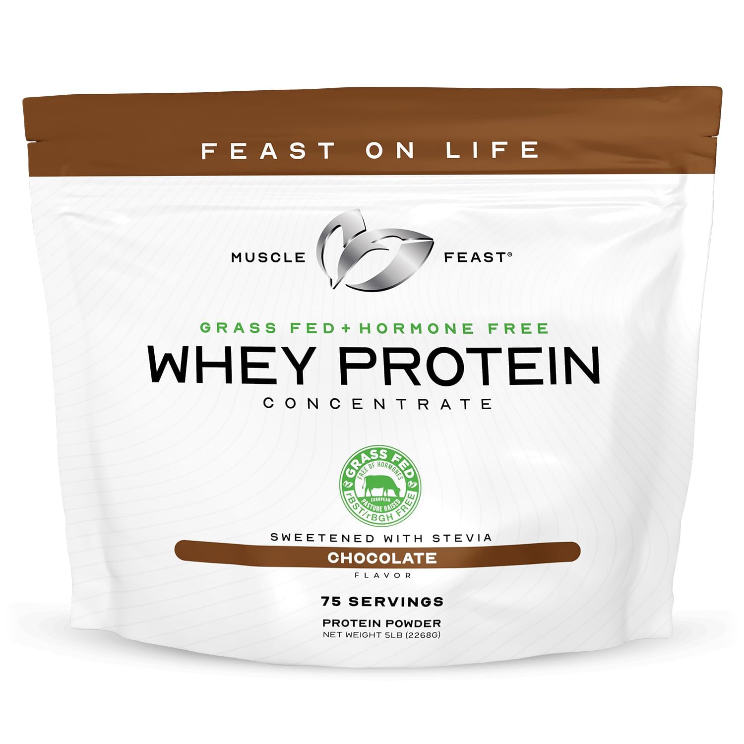 Muscle Feast grass-fed whey tub front for high-quality protein sourcing.