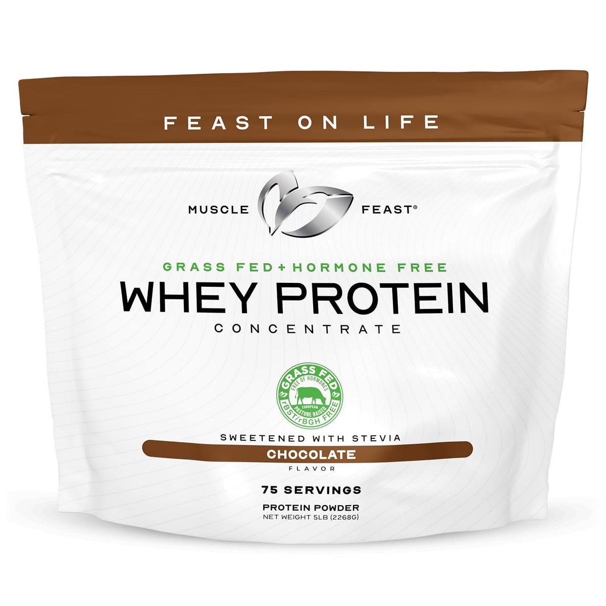 Muscle Feast grass-fed whey tub front for high-quality protein sourcing.