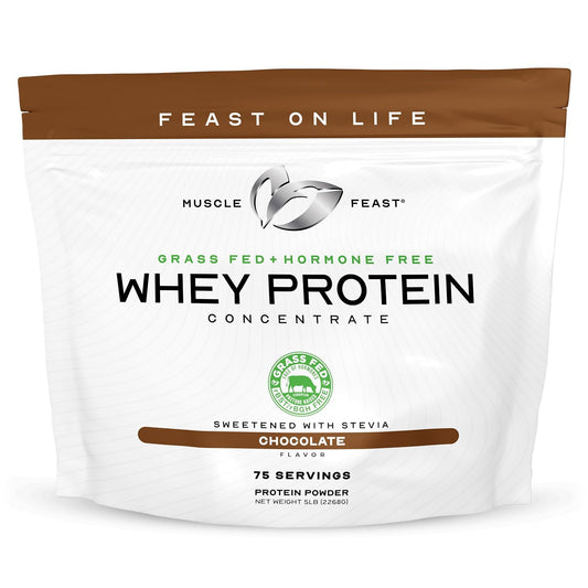 Muscle Feast grass-fed whey tub front for high-quality protein sourcing.