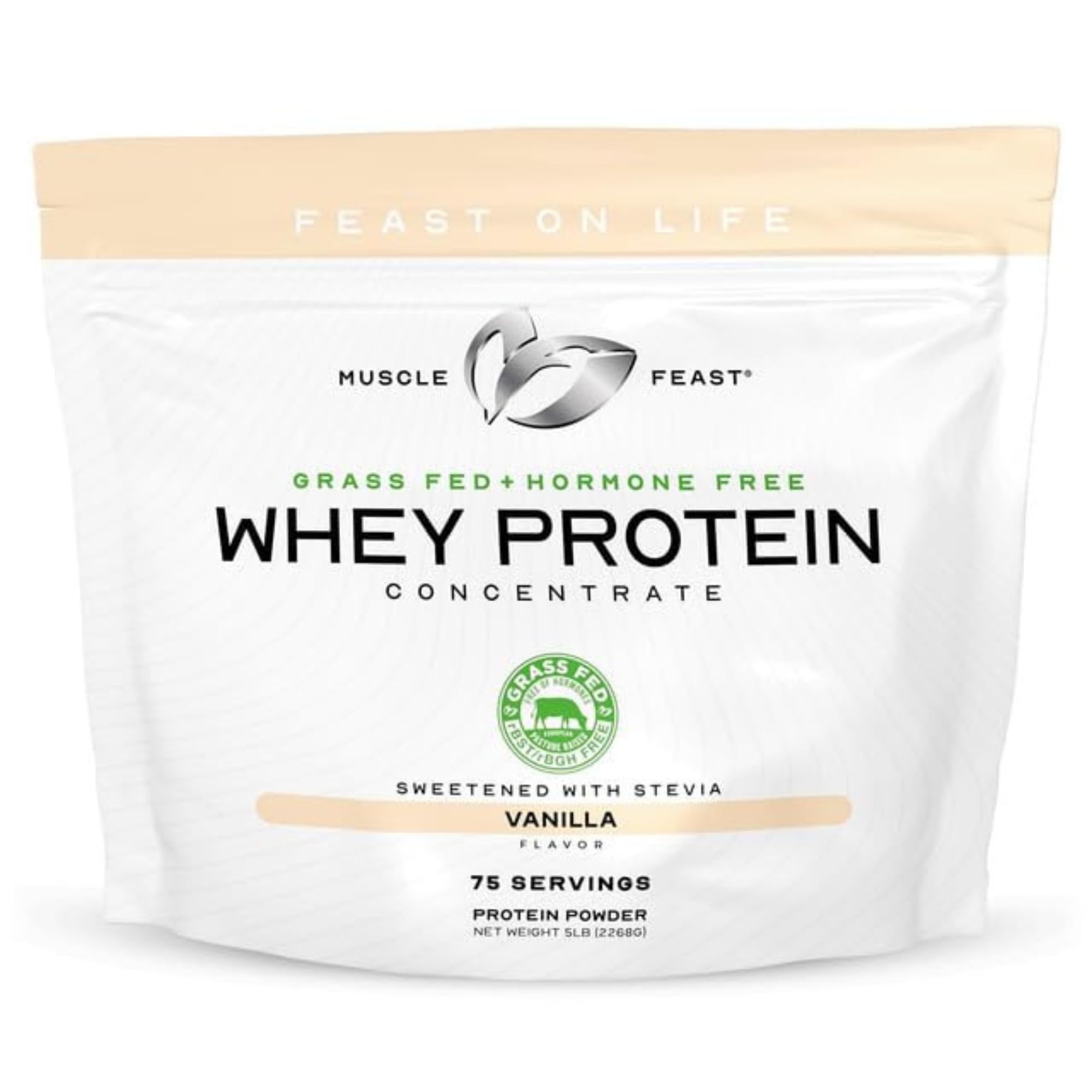 Muscle Feast grass-fed whey vanilla 5lb bag highlights natural sourcing for everyday protein.