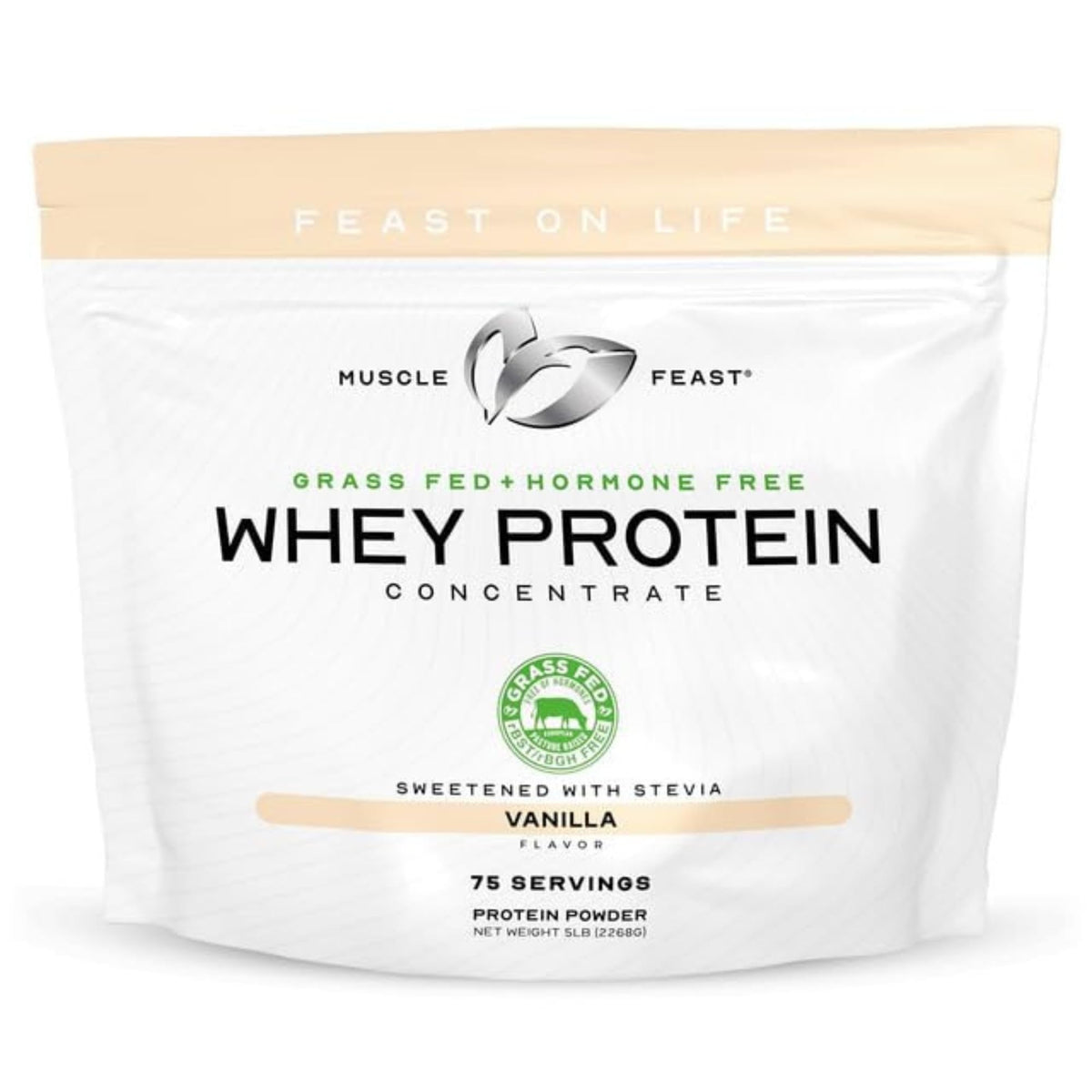 Muscle Feast grass-fed whey vanilla 5lb bag highlights natural sourcing for everyday protein.
