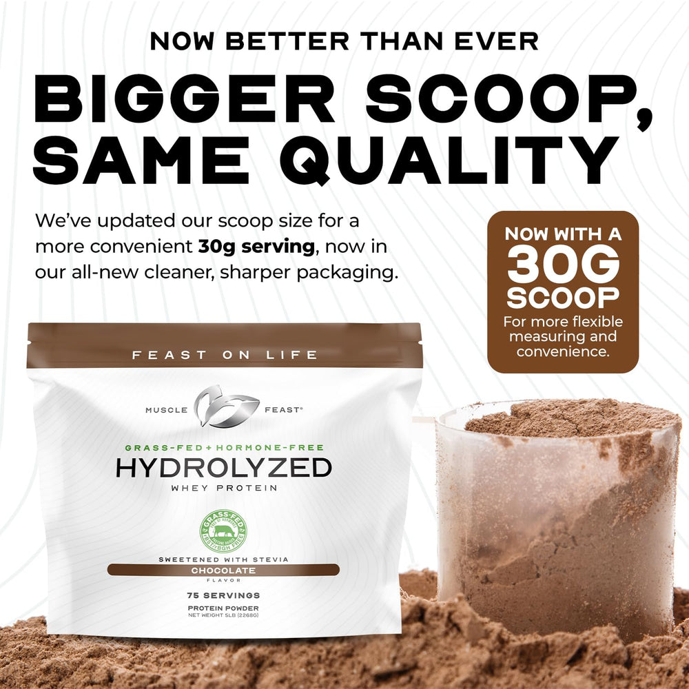 Close-up of hydrolyzed whey ingredients shows a clean, gluten-free formula.