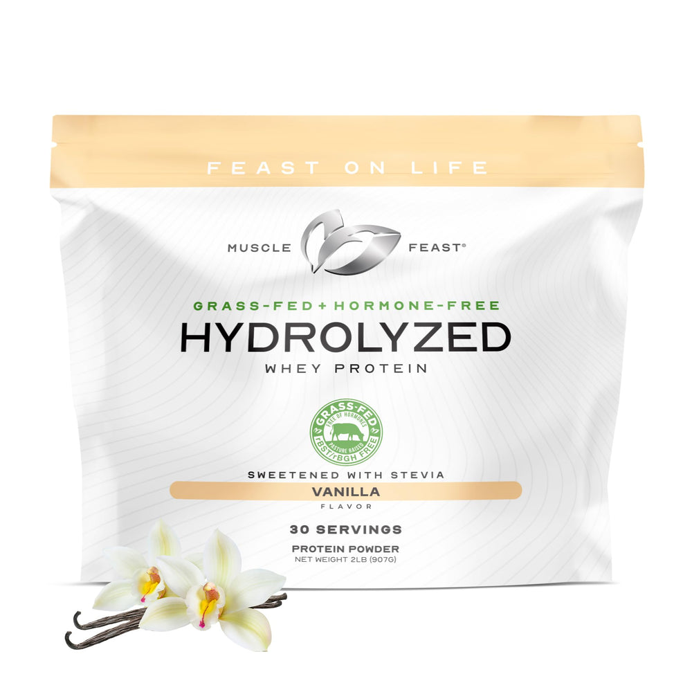 Muscle Feast hydrolyzed whey vanilla 2lb bag for quick absorption shakes.