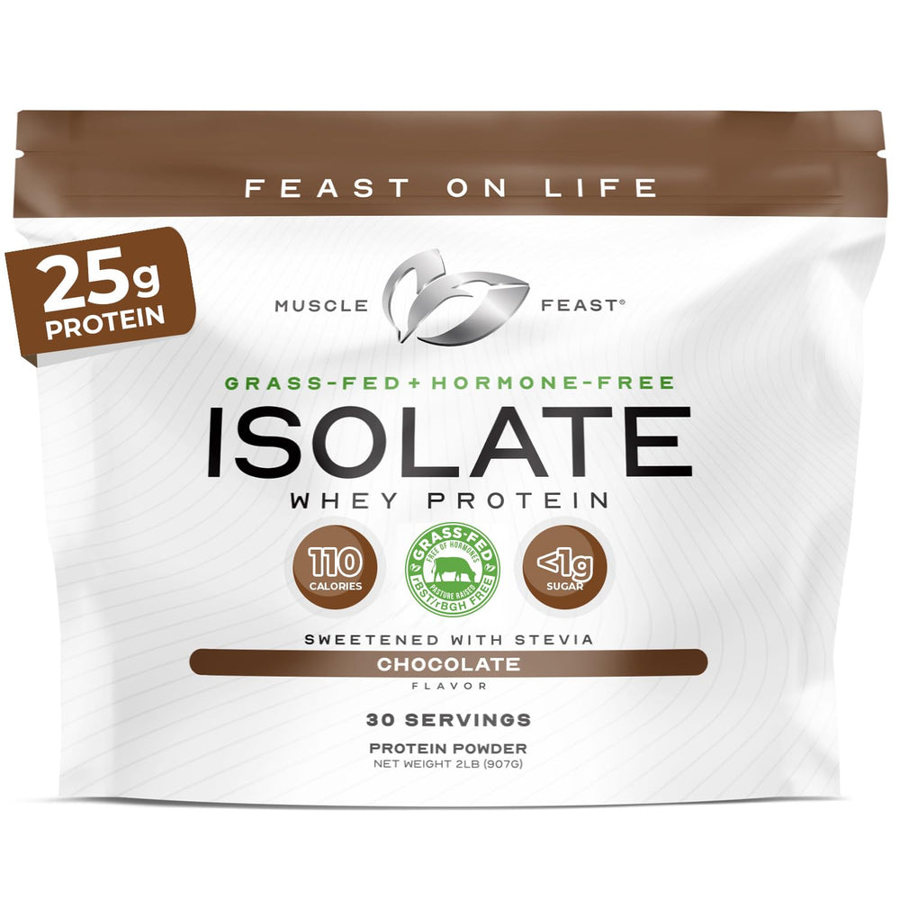 Muscle Feast Isolate chocolate powder in bottle shows rich flavor for post-workout recovery.