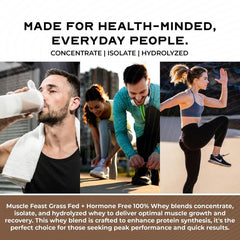 Muscle Feast grass-fed whey chocolate label closeup emphasizes clean ingredients and hormone-free promise