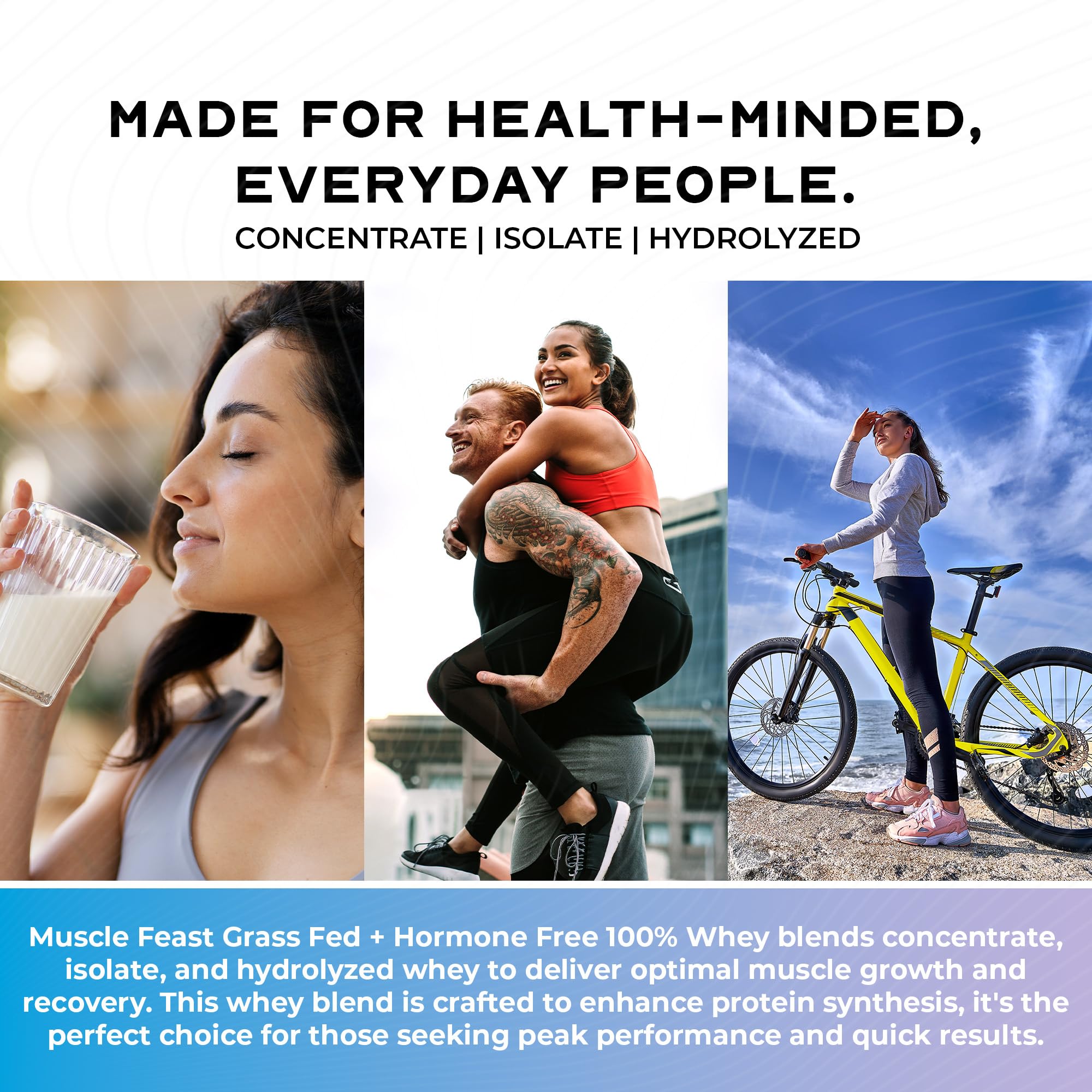 Muscle Feast whey protein label reveals gluten-free and natural sweetness.