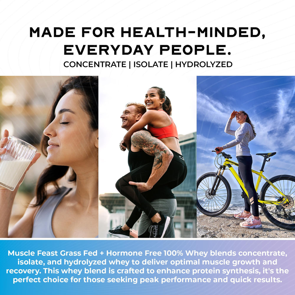 Muscle Feast whey protein label reveals gluten-free and natural sweetness.