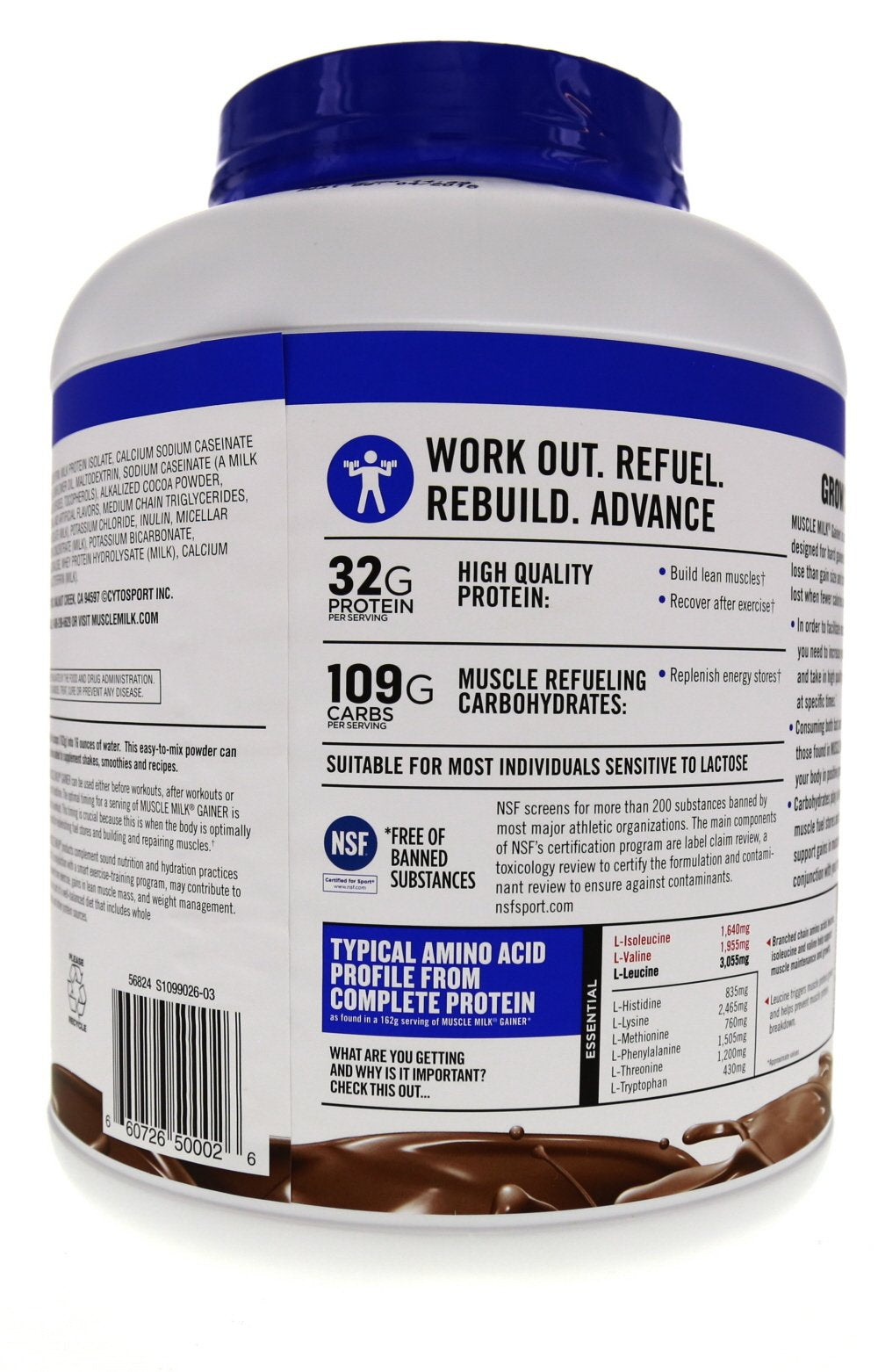 Muscle Milk Gainer chocolate label with NSF Certified for Sport.