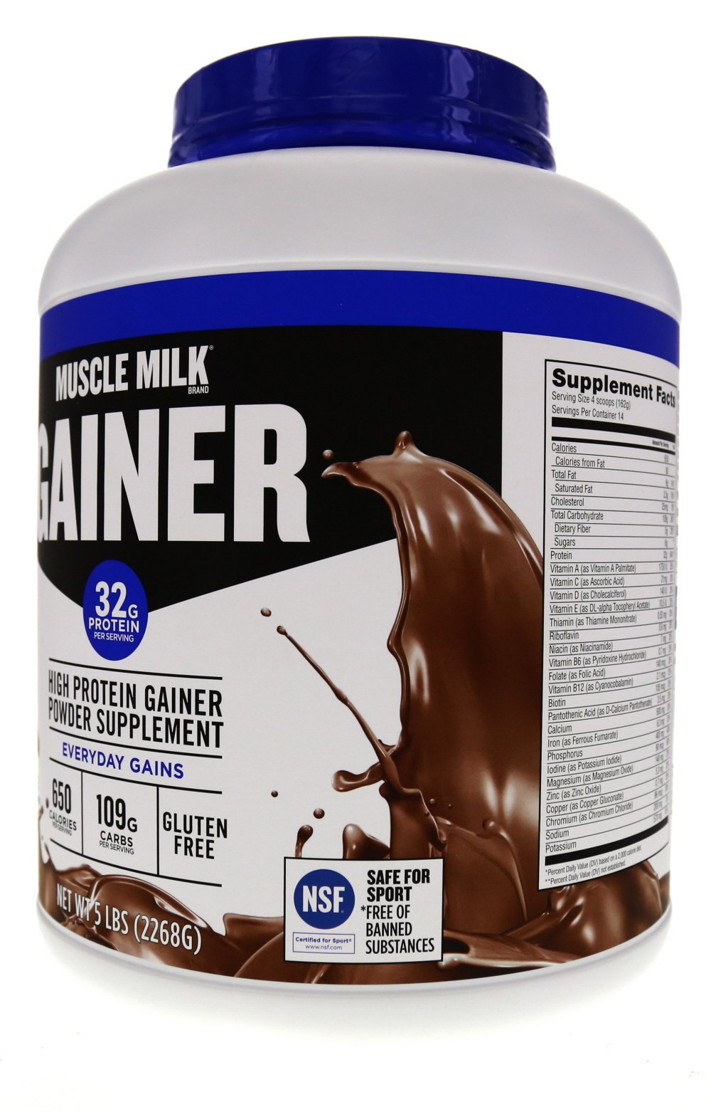 Muscle Milk Gainer chocolate scoop highlighting protein content.