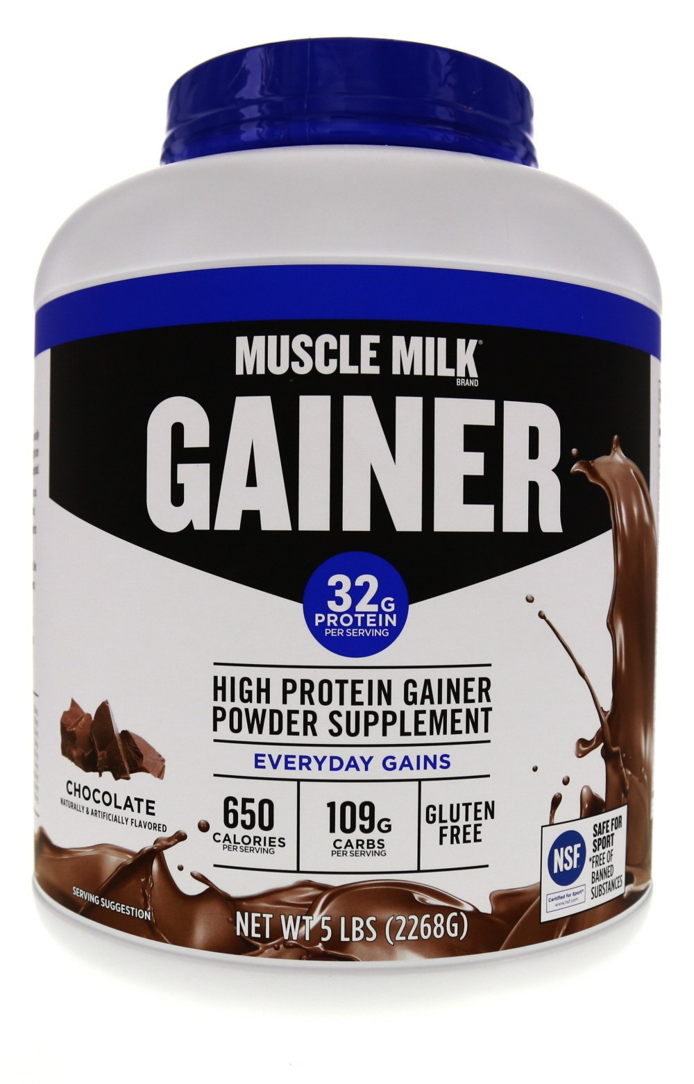 Muscle Milk Gainer chocolate tub showcasing protein powder for lean muscle support.
