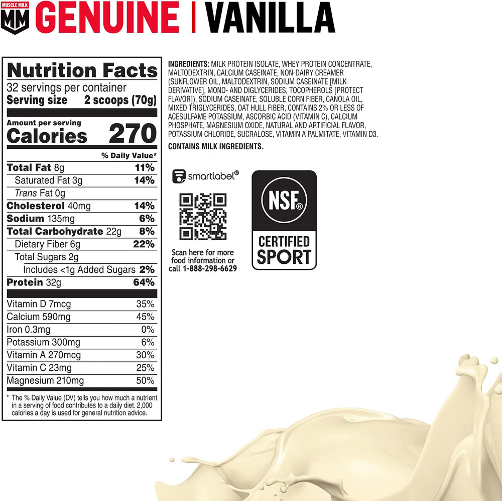 Muscle Milk Genuine Protein Powder Vanilla Creme serving scoop shows portion control.