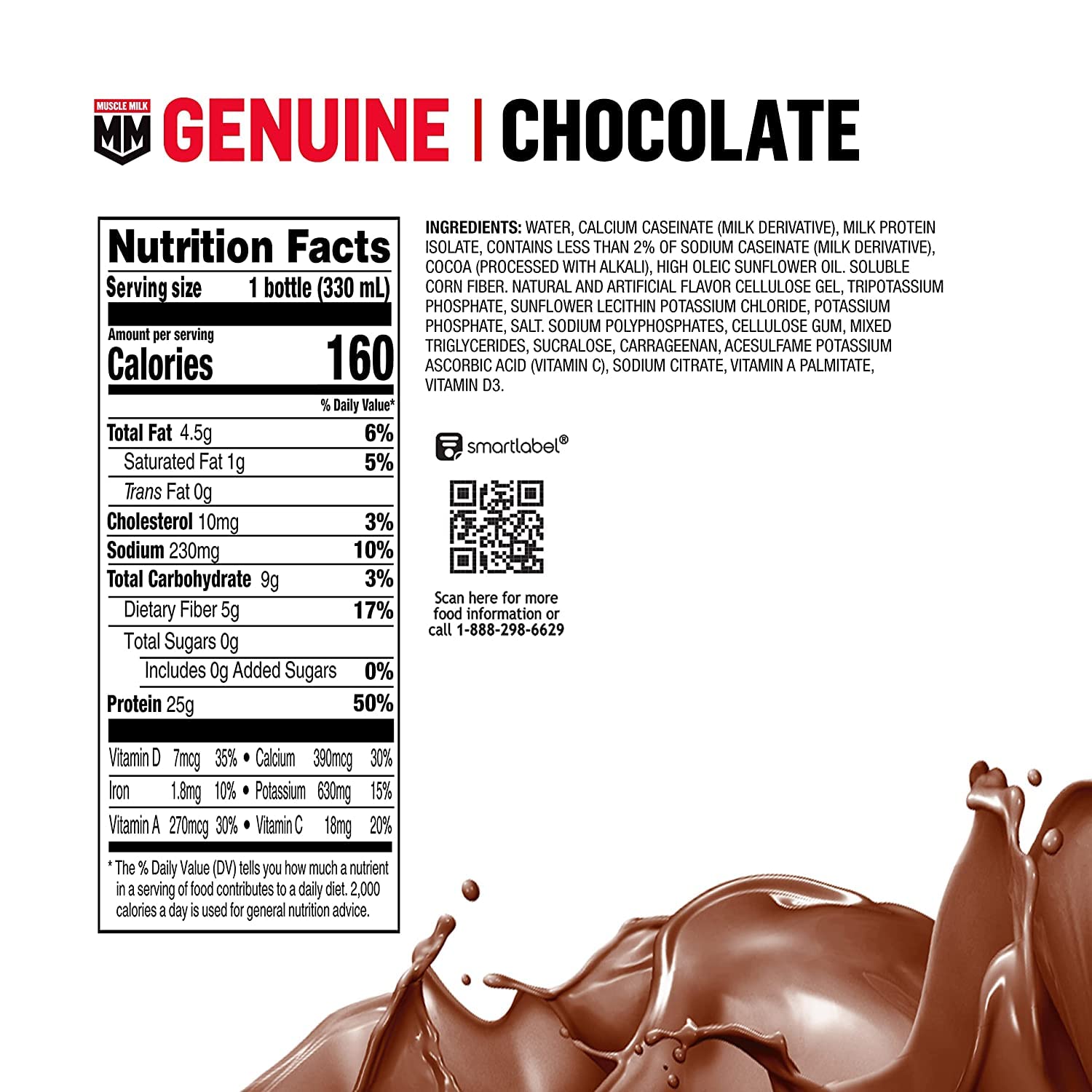 Muscle Milk Genuine Protein Shake Chocolate bottle label with nutrition details