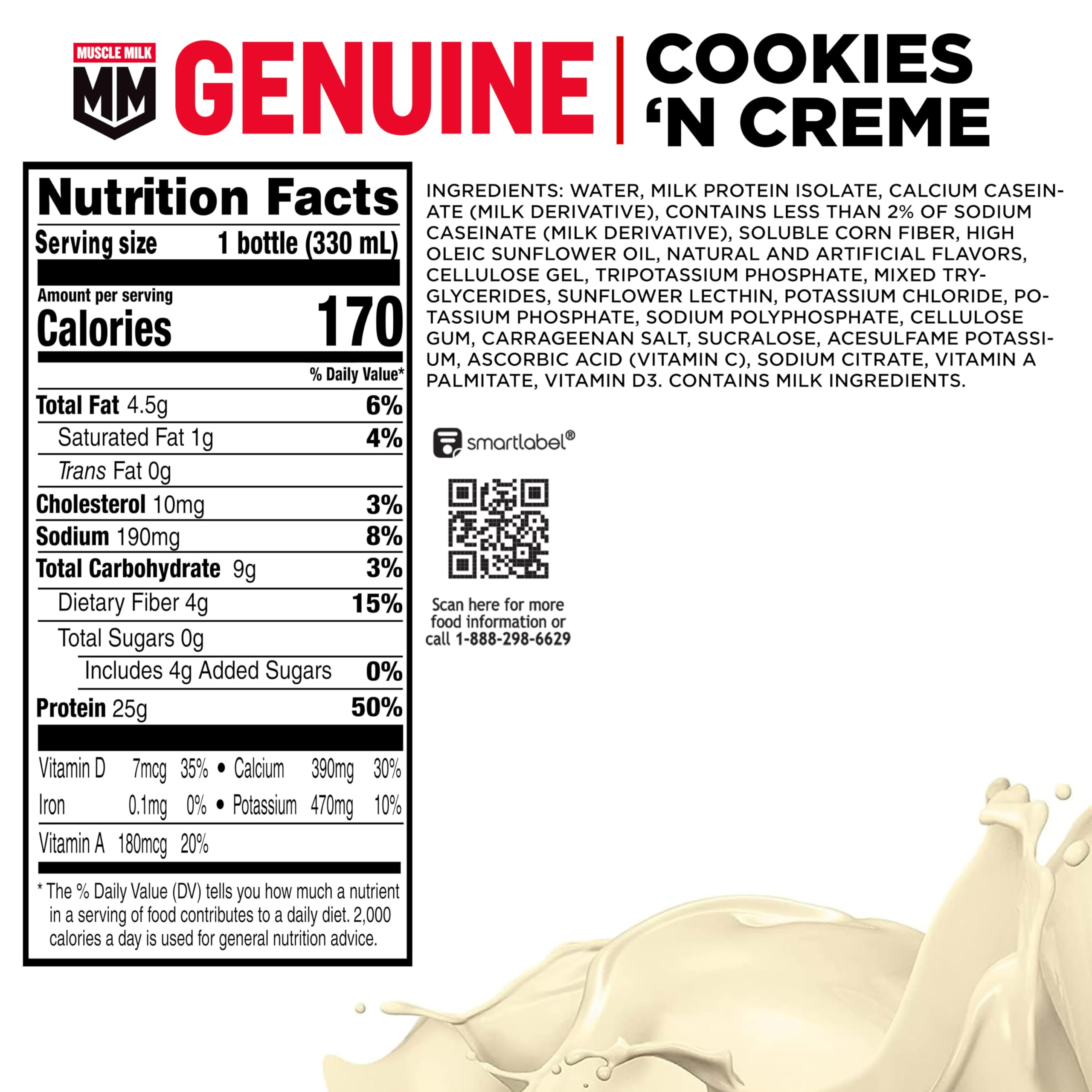 Nutrition label close-up showing 25g protein per shake.