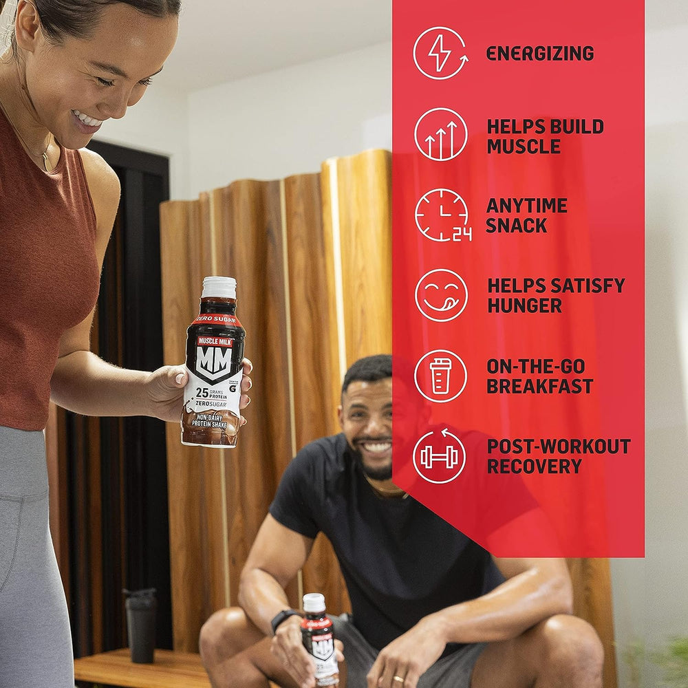 Pouring Muscle Milk into a glass reveals creamy texture.