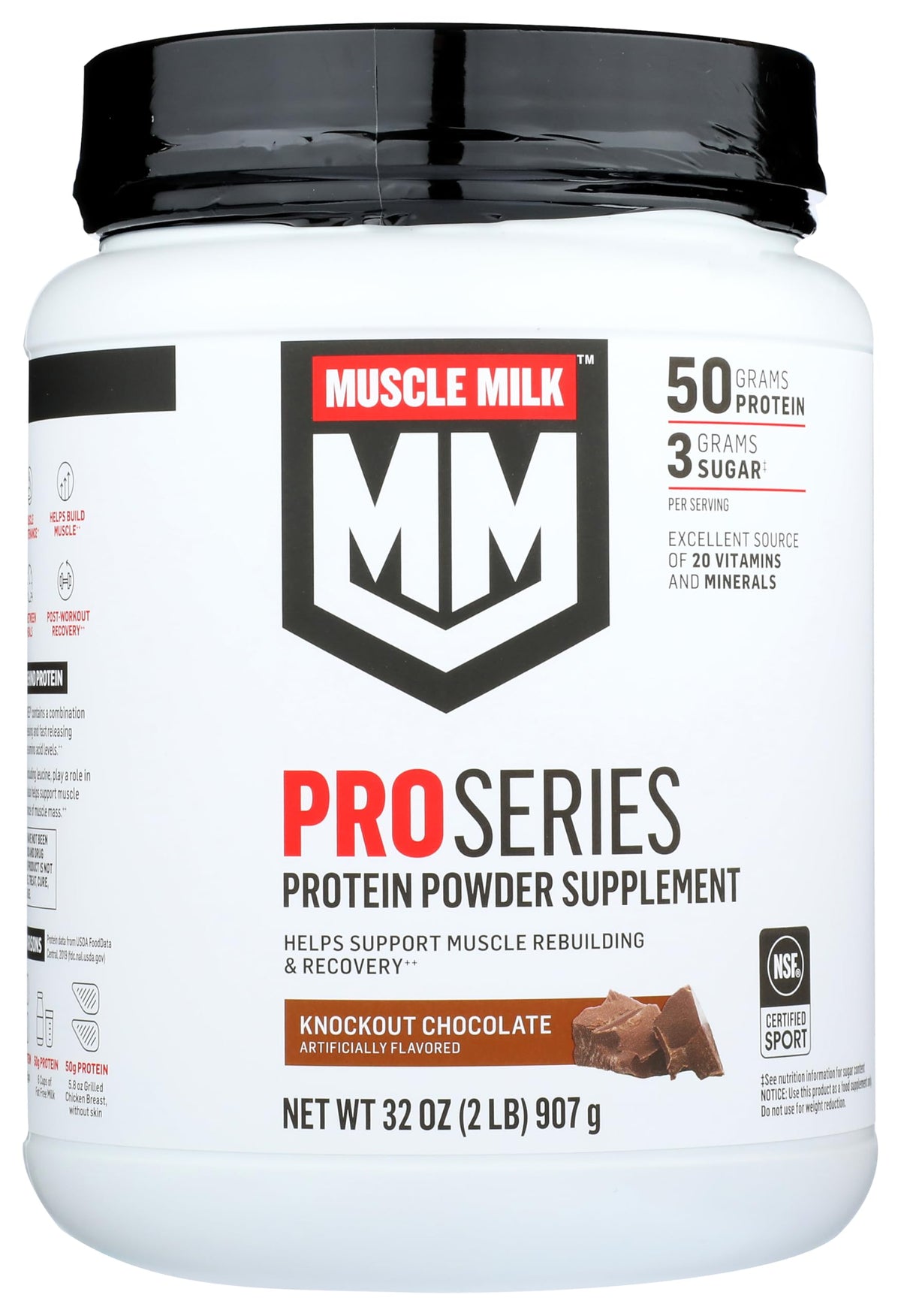 Muscle Milk Knockout Chocolate Pro Series 50 tub front highlights lean protein for workouts.