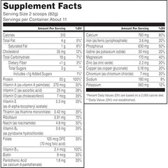 Nutrition facts panel shows 50g protein per serving and 20 vitamins and minerals.