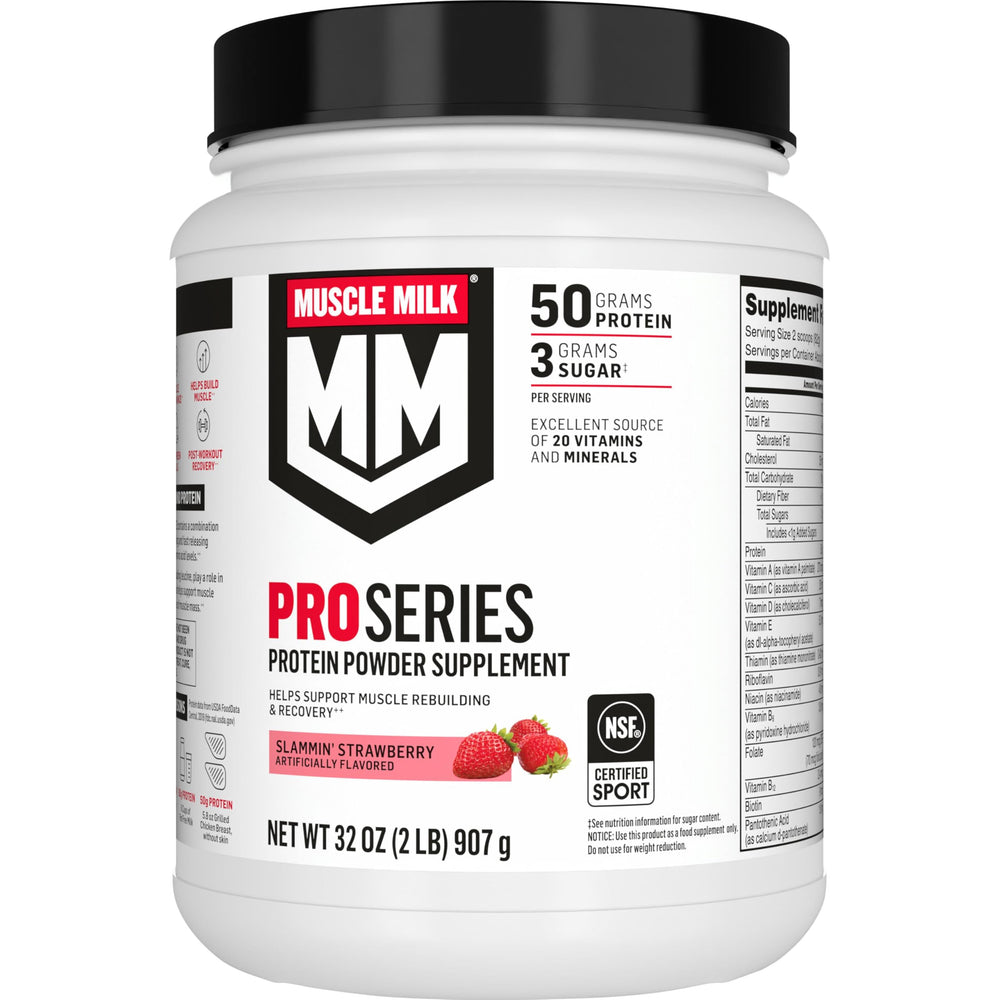Muscle Milk Pro Series Slammin' Strawberry powder bottle for post-workout nutrition.