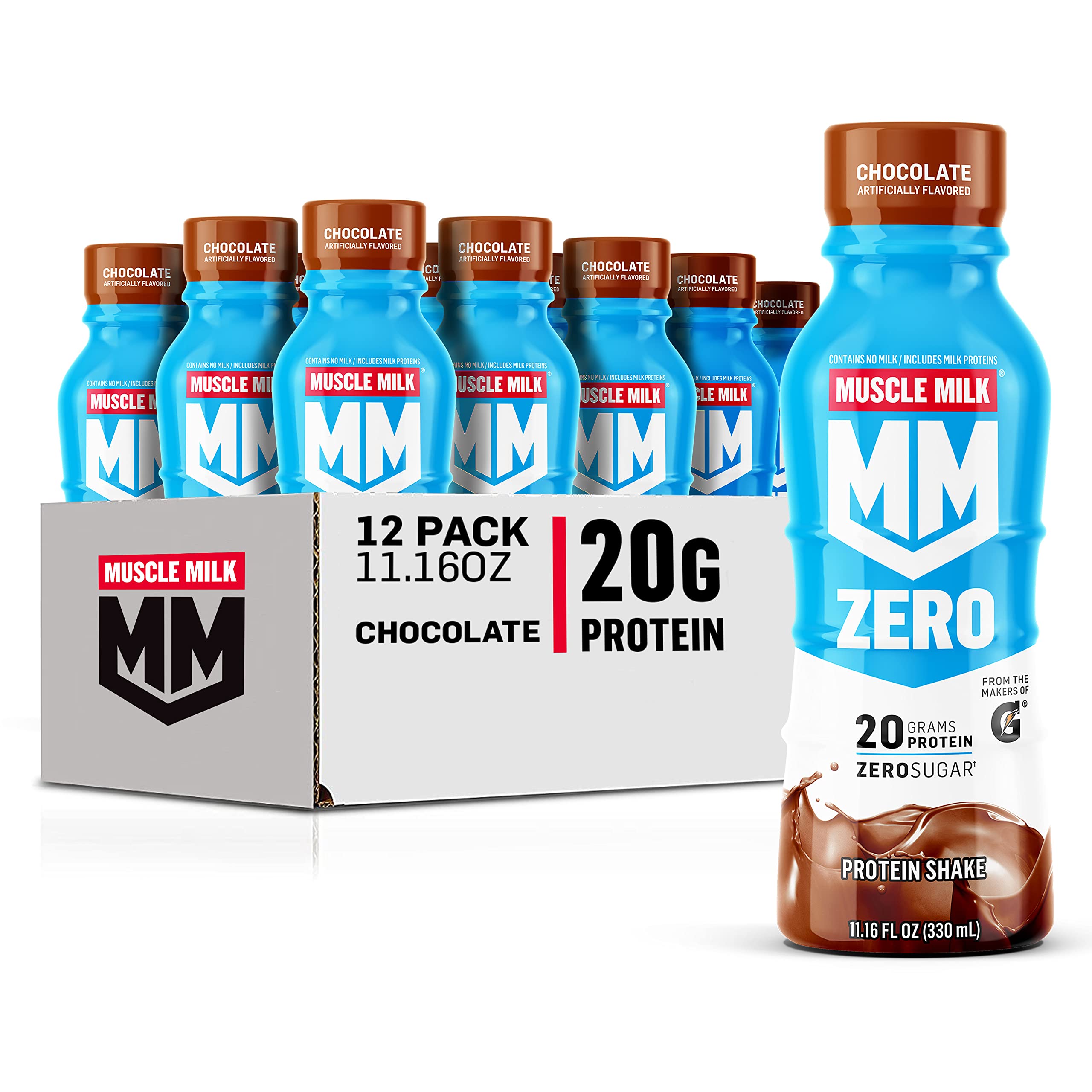 Muscle Milk Zero Protein Shake Chocolate bottle front, high-protein drink for post-workout energy