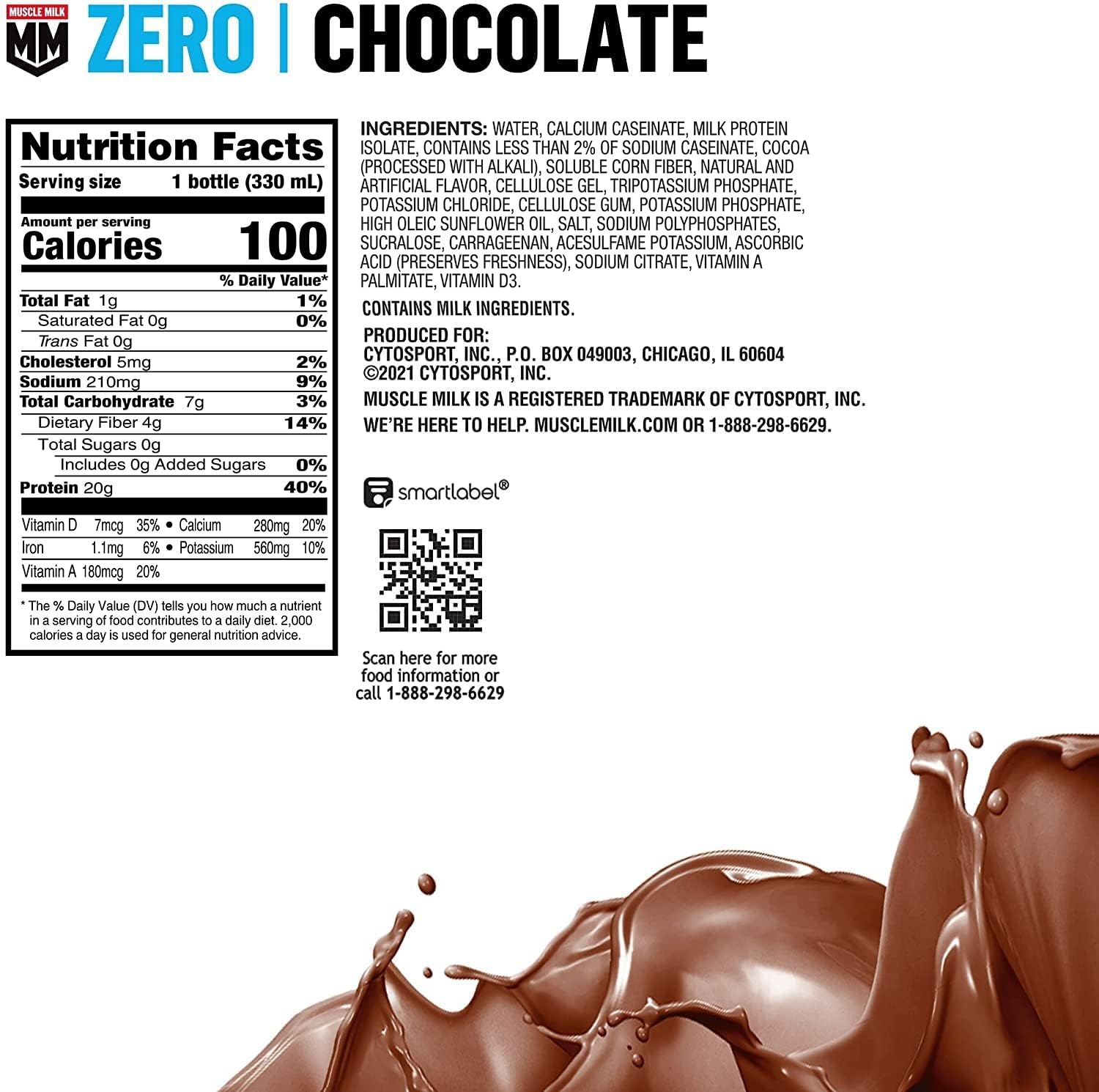 Muscle Milk Zero Protein Shake Chocolate bottle side view showing zero sugar and protein