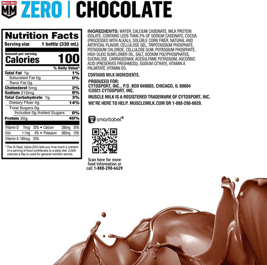 Muscle Milk Zero Protein Shake Chocolate bottle side view showing zero sugar and protein