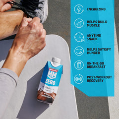 Oatmeal bowl topped with Chocolate Muscle Milk Zero shake for a protein boost