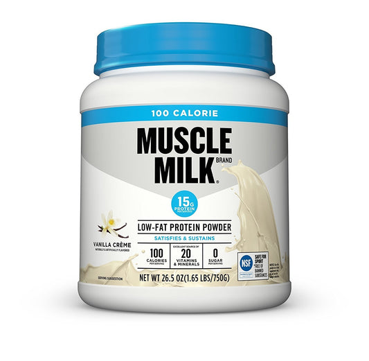 Muscle Milk Zero Vanilla canister showing 15 g protein and zero sugar per serving.