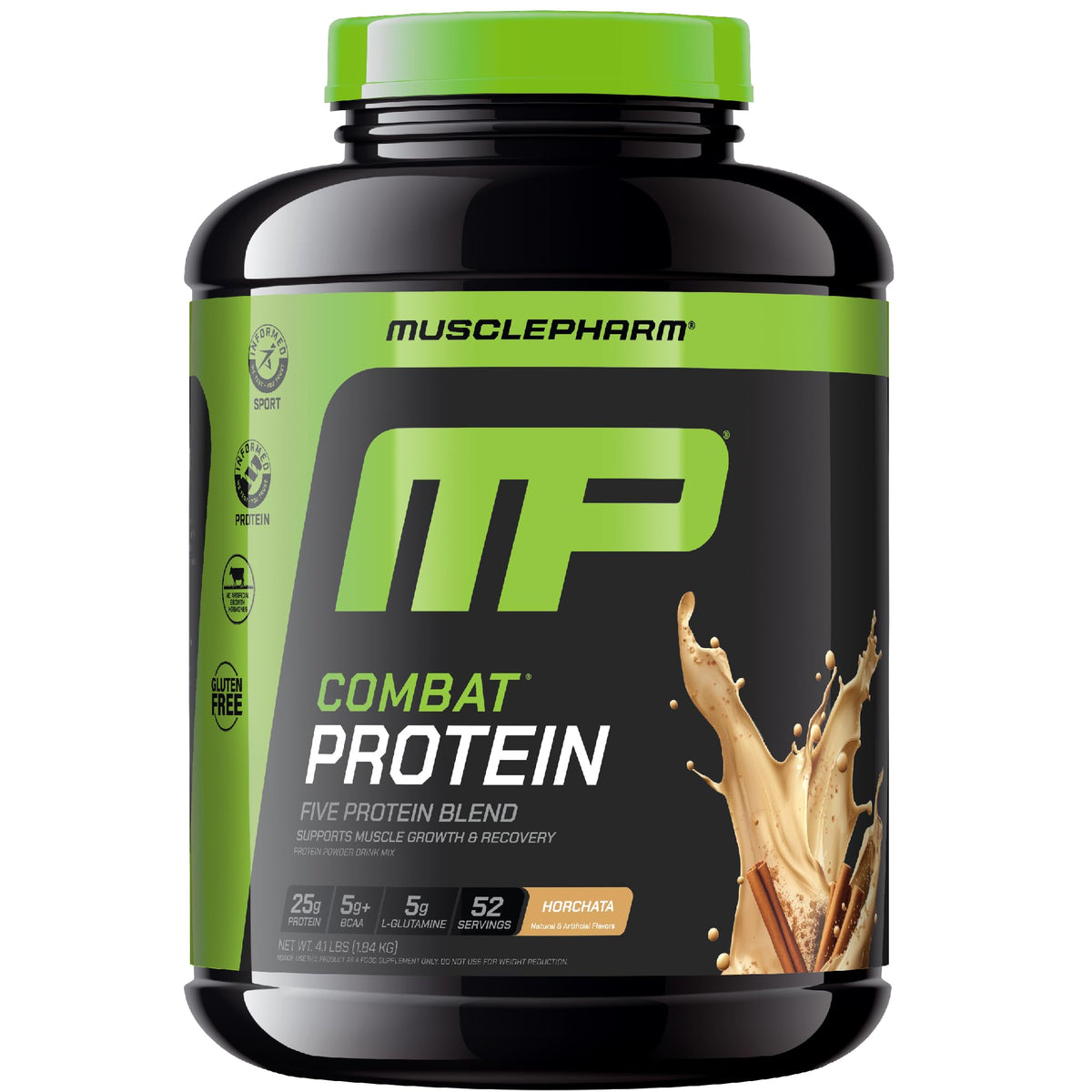 MusclePharm Combat Horchata tub front shows a complete protein blend for athletes.