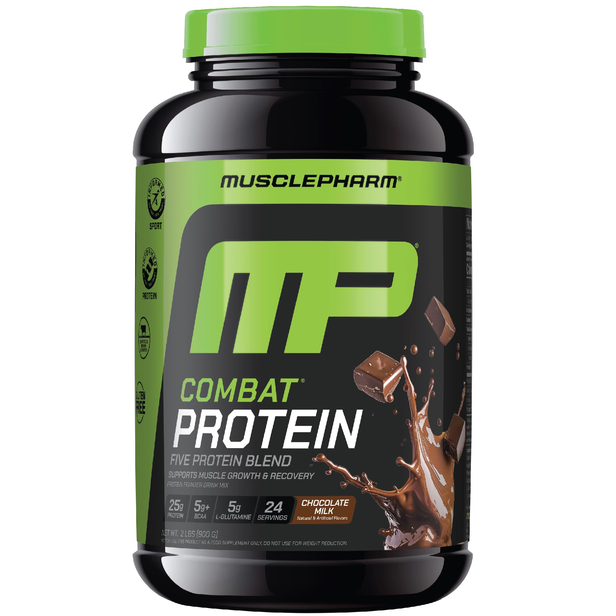 MusclePharm Combat Protein Powder tub in chocolate milk flavor supports post-workout recovery.