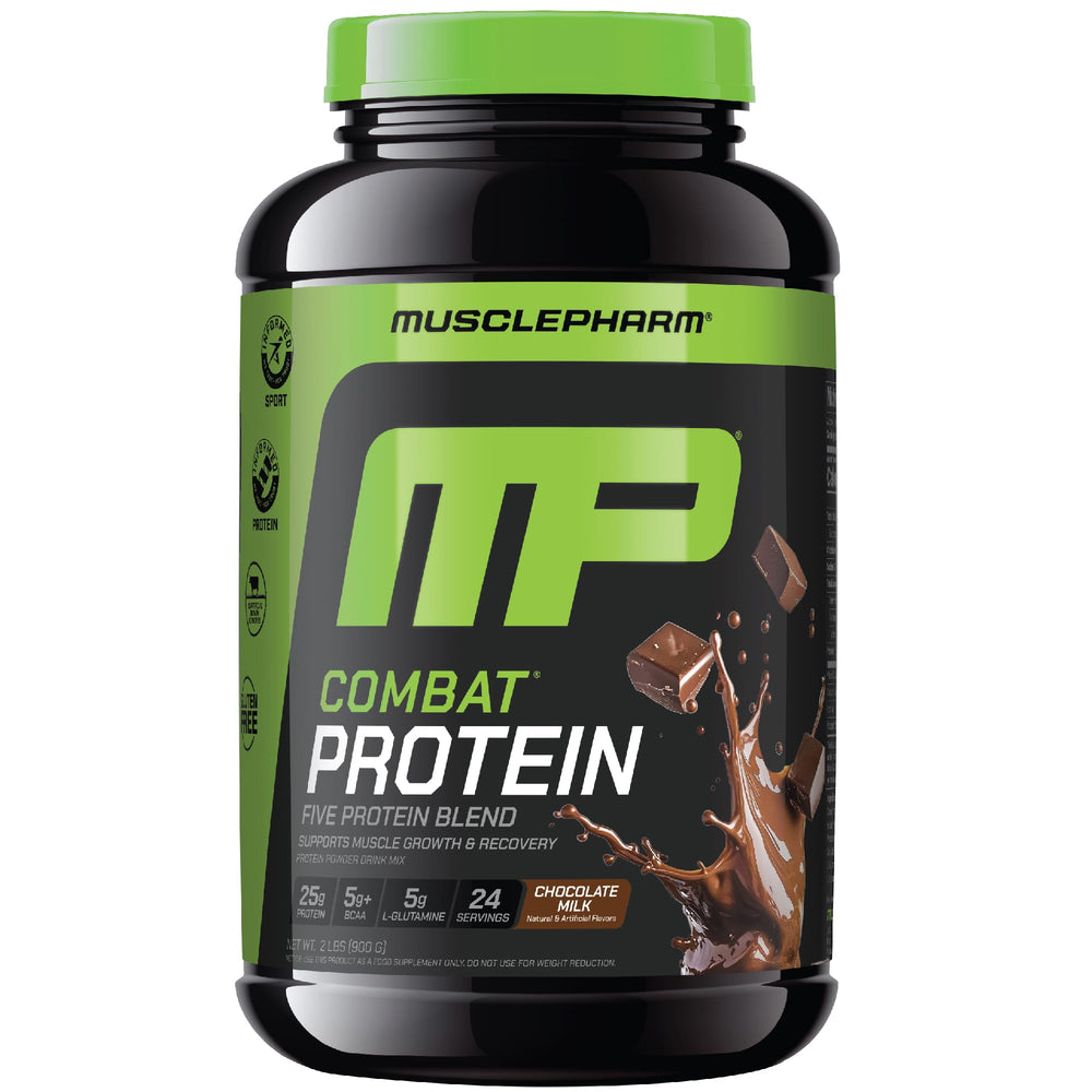 MusclePharm Combat Protein Powder tub in chocolate milk flavor supports post-workout recovery.