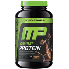 MusclePharm Combat Protein Powder tub in chocolate milk flavor supports post-workout recovery.