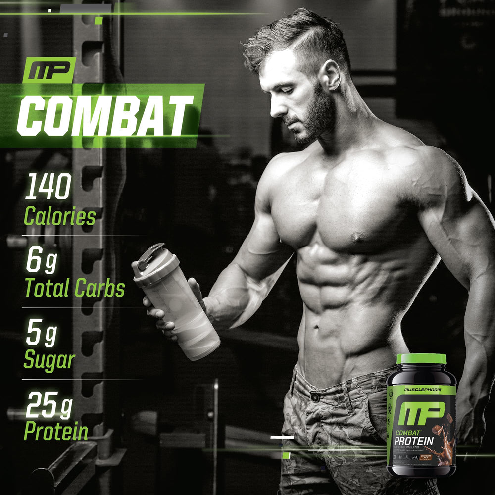 MusclePharm Combat Protein Powder nutrition panel highlights 25g protein per serving.