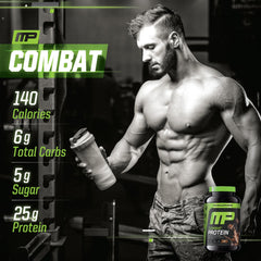 MusclePharm Combat Protein Powder nutrition panel highlights 25g protein per serving.