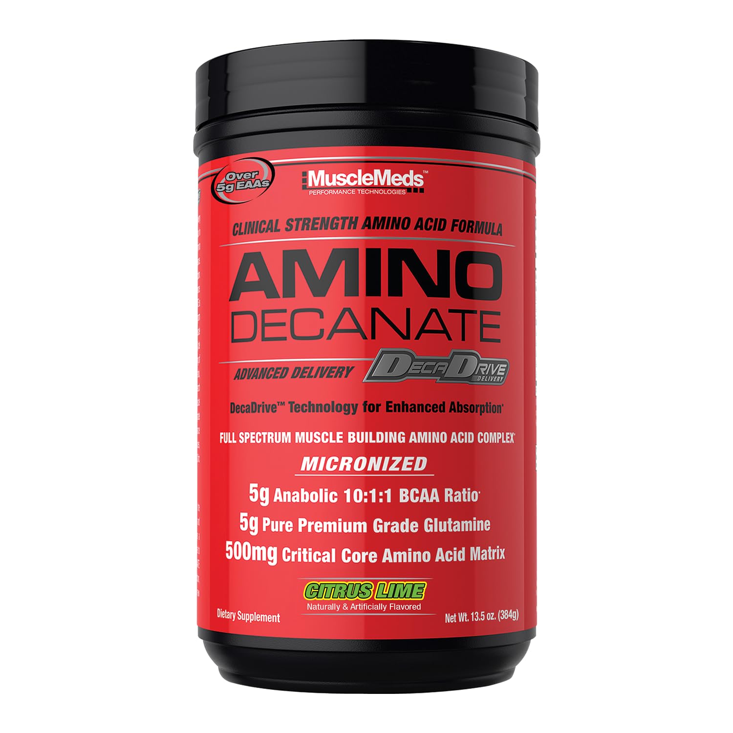 MuscleMeds Amino Decanate Citrus Lime bottle viewed for post-workout use