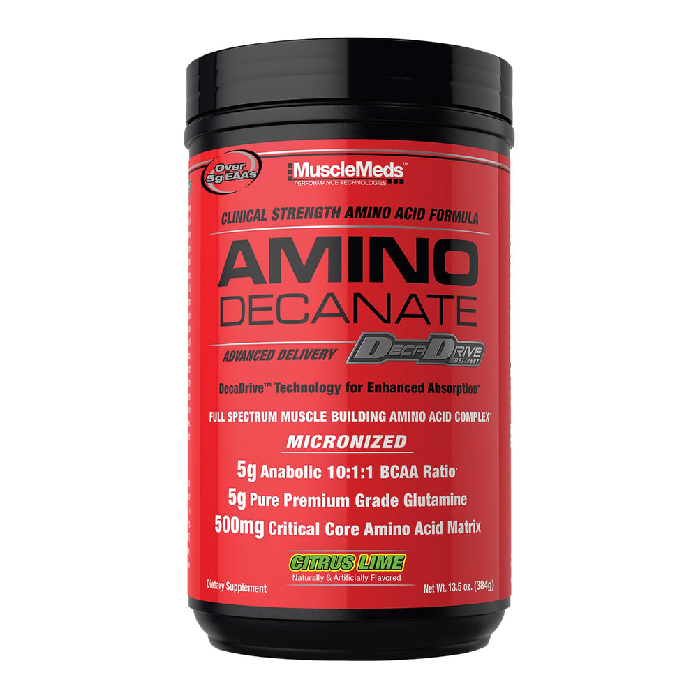 MuscleMeds Amino Decanate Citrus Lime bottle viewed for post-workout use