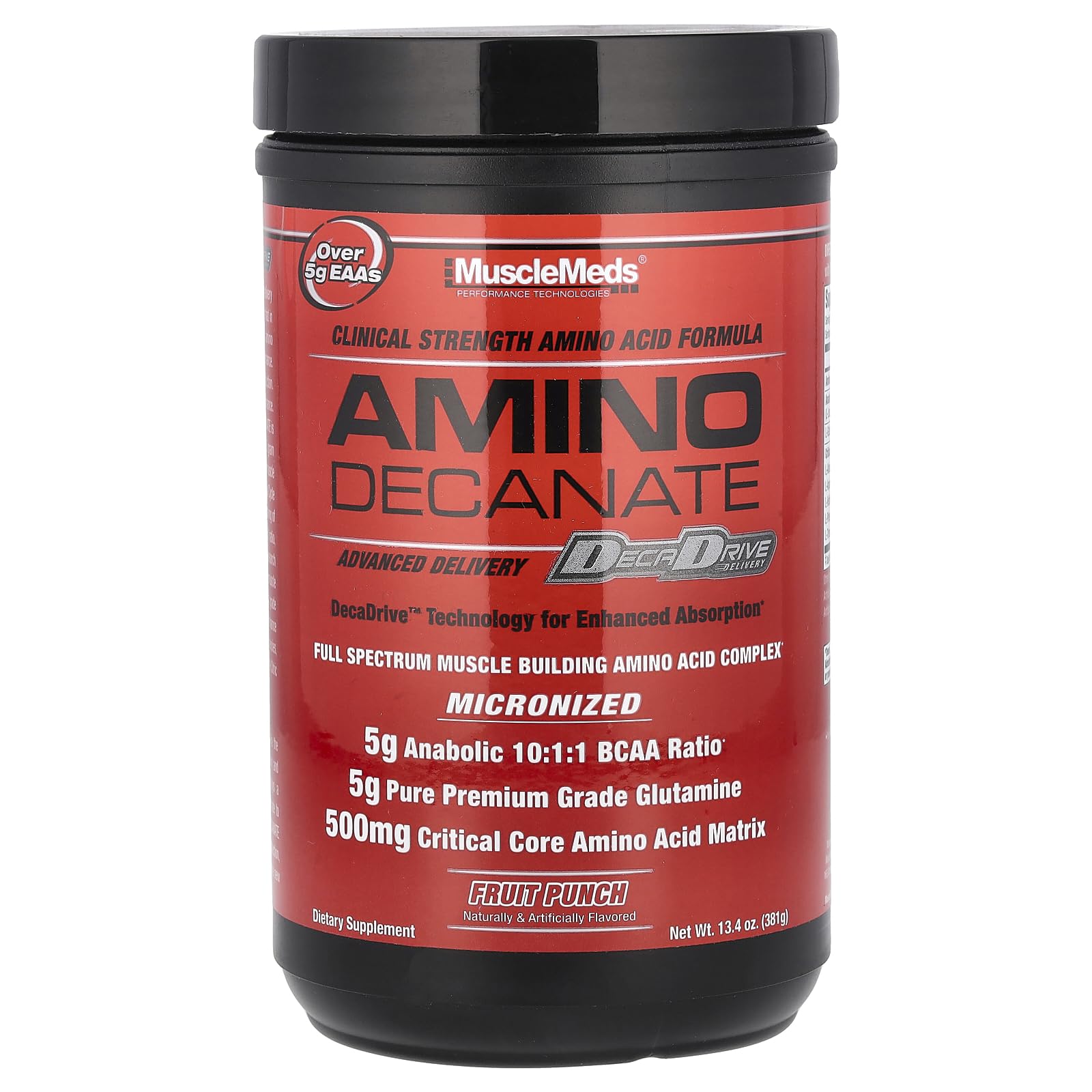 MuscleMeds Amino DECANATE fruit punch bottle ready for intra-workout use