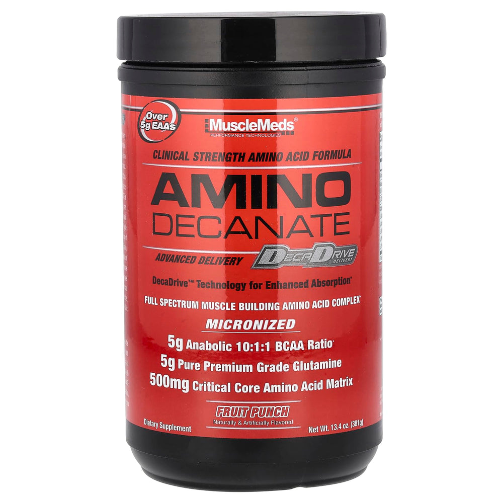 MuscleMeds Amino DECANATE fruit punch bottle ready for intra-workout use