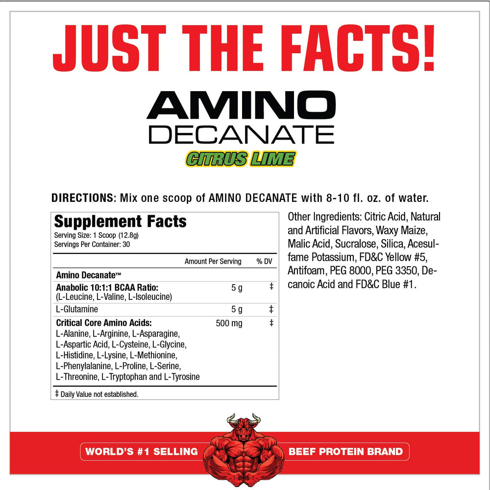 MuscleMeds Amino Decanate powder texture showing premium amino blend