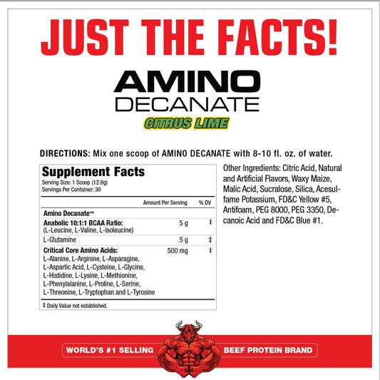 MuscleMeds Amino Decanate powder texture showing premium amino blend