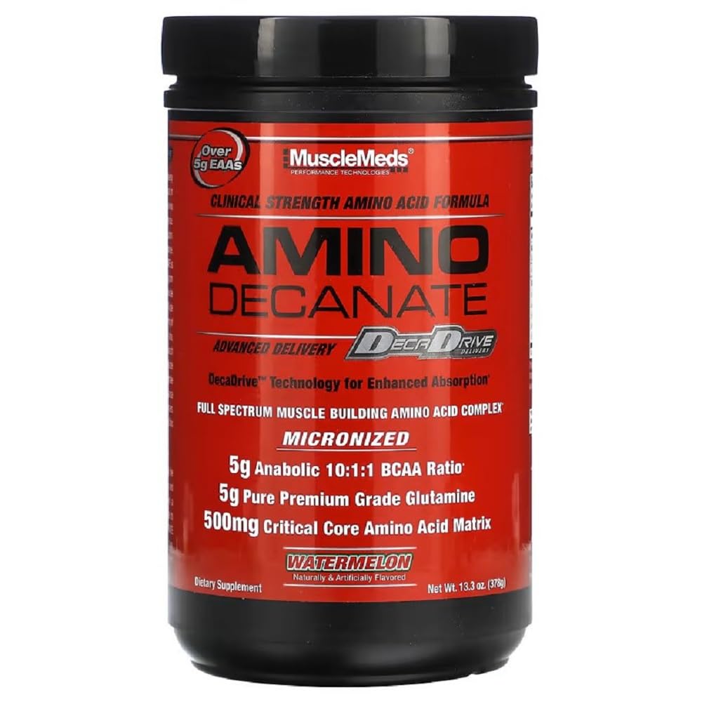 MuscleMeds Amino Decanate watermelon in a glass, ideal for easy daily mixing.