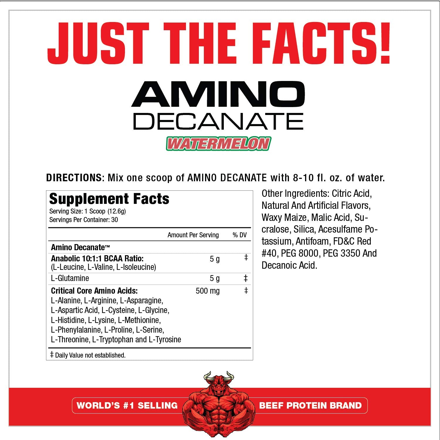 MuscleMeds Amino Decanate watermelon scoop close-up showing powder texture and flavor.